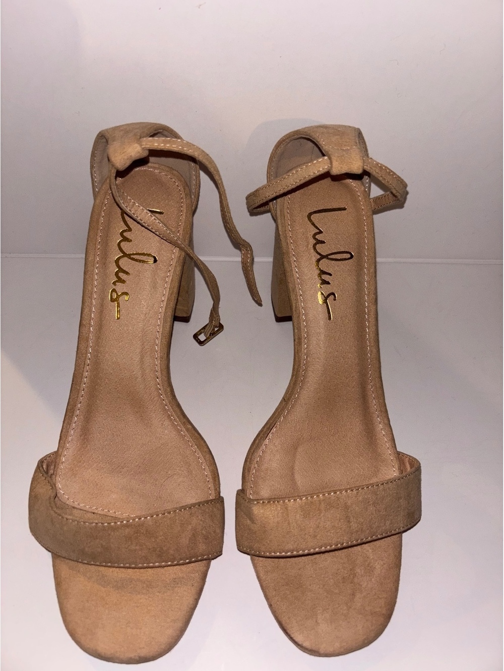 Lulus Tan Faux Suede Block Heel Sandals Size 7 Ankle Strap Nude